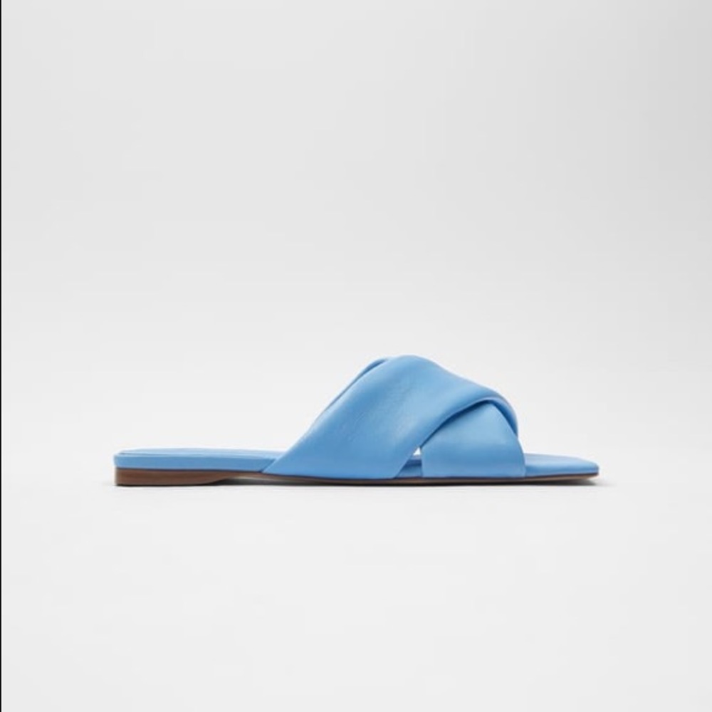 Zara Flat Padded Square Toe Sandals, Blue, Sz 37, NWT